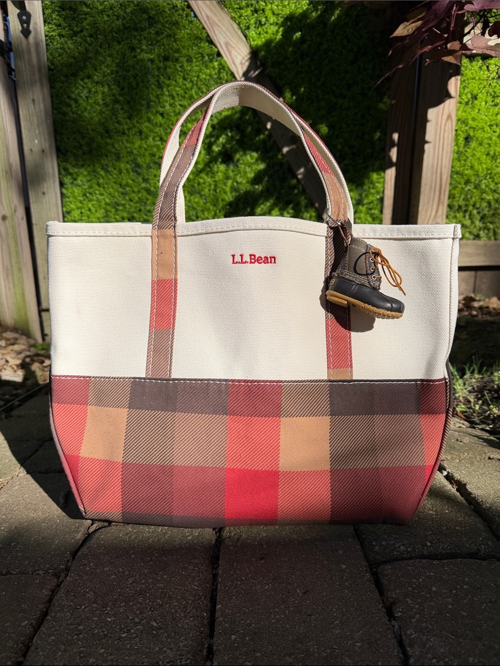 L.L. Bean Apple Cinnamon Plaid Canvas Tote